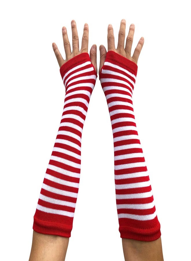 SYAYA Women Striped Long Fingerless Gloves, Winter Knitted Arm Warmers For Punk Rock/Cosplay/Goth/Christmas Party WM-S-G5 (White with Red Striped) - Image 1